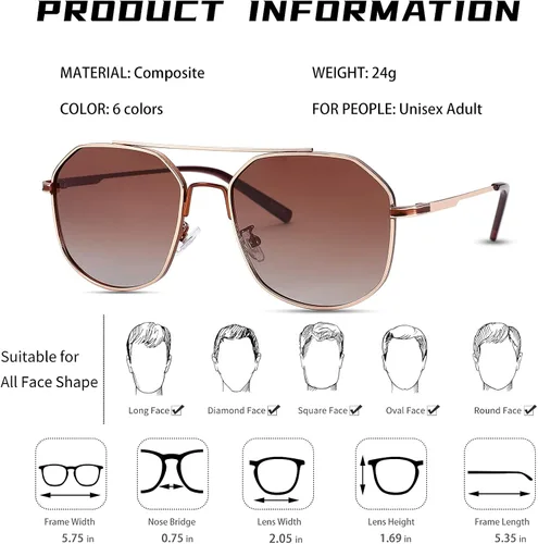 Vista 4 de Pro Acme Gafas de sol polarizadas estilo aviador para mujeres y hombres, hexagonales, de moda, cuadradas, de diseño de los años 70