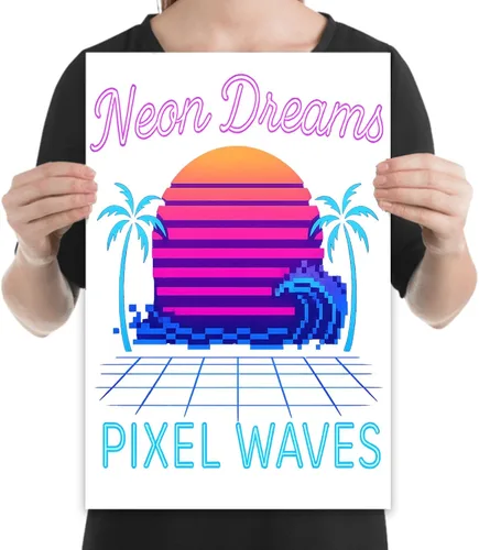 Vista 2 de Neon Grid Horizon - Gaming Room Decor - 13x19 Poster Print - Retro Art