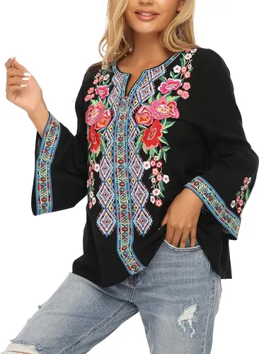 Vista 2 de YZXDORWJ Blusa casual mexicana con volantes y mangas acampanadas para mujer, talla grande, talla XXL