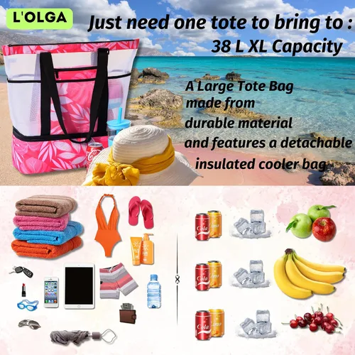 Vista 16 de L'OLGA Bolsa grande de malla con enfriador aislado desmontable, bolsa de fin de semana de playa