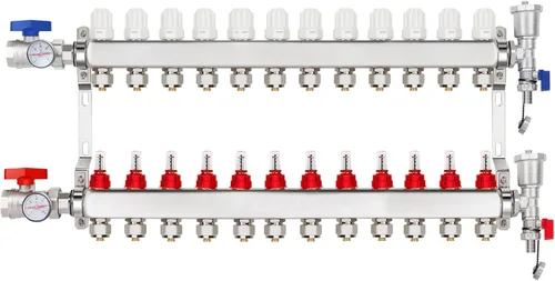 Vista 6 de Colector de calor radiante PEX de 2 ramas, colector de tubos PEX de 1/2 pulgada, kit de colector de calor de piso de acero inoxidable 304