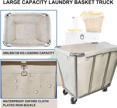 Vista 4 de Carrito de lavandería de 10 bushel con ruedas, resistente, industrial, para el hogar, color beige, grande, cesta de lavandería, cesta de servicio