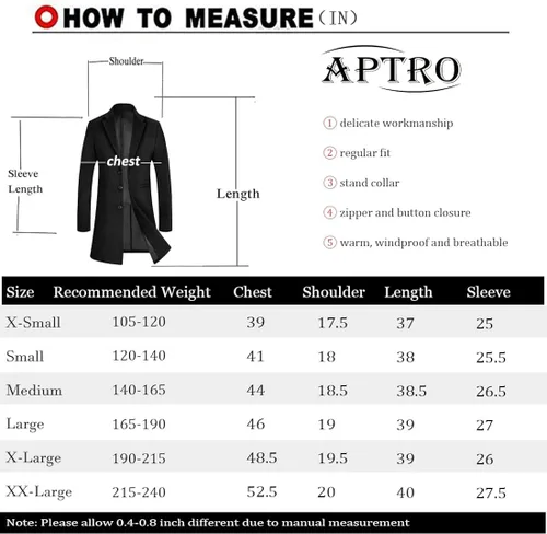 Vista 8 de APTRO Gabardina de lujo de longitud completa para hombre, abrigo largo de lana, rompevientos de invierno