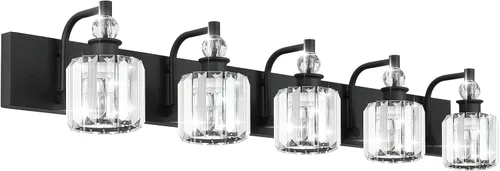 Vista 19 de Ralbay - Luces de tocador de cristal, 2 luces, modernas lámparas de cromo de cristal para iluminación de baño, para usar sobre el espejo