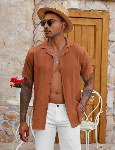 Vista 2 de COOFANDY Camisa casual con botones para hombre, manga corta, texturizada, para verano, para playa cubana