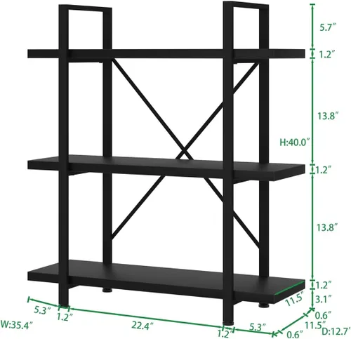 Vista 2 de HSH - Estantería de 3 niveles en negro, estanterías de almacenamiento pequeñas de metal y madera industriales, estanterías modernas abiertas de 3