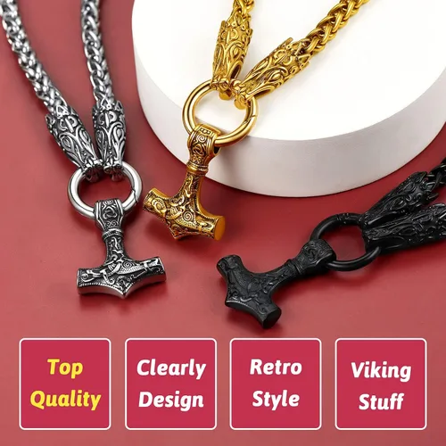 Vista 6 de FaithHeart Collar punk nórdico vikingo para hombre collar grueso acero inoxidable Mjolnirnudo celta cabeza de lobo colgante de amuleto joyería