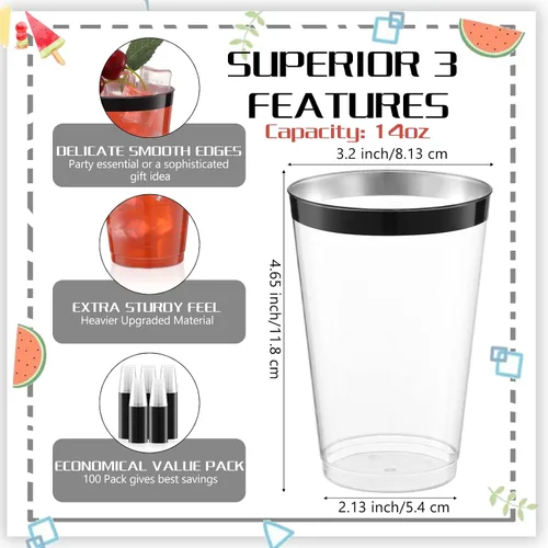 Vista 2 de Zubebe 100 vasos de plástico con borde de 14 onzas, vasos de vino desechables transparentes duros con borde, elegantes vasos de cóctel desechables