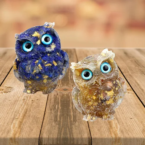 Vista 4 de DIYOMR 2 estatuas de búho de cristal hechas a mano, piedras preciosas curativas de reiki, figuras de animales de búho coloridas que atraen riqueza