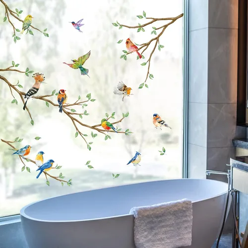 Vista 3 de Decalmile Pegatinas de vidrio anticolisión para ventana de colibrí y pájaro de doble cara de rama de árbol