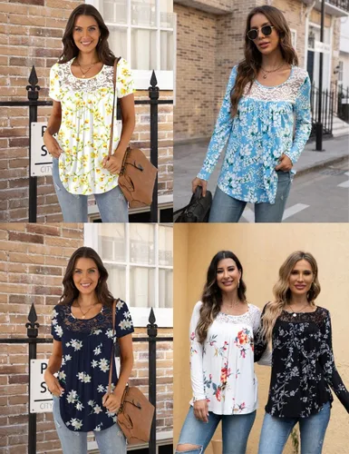 Vista 5 de BISHUIGE Blusa de manga corta para mujer, estilo casual, holgada, con panel de encaje, plisada