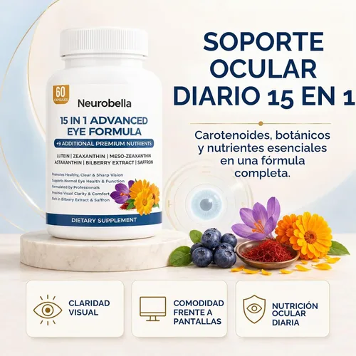 Vista 2 de Fórmula avanzada 15 en 1 para los ojos, vitaminas oculares con luteína, zeaxantina y meso-zeaxantina, arándano, azafrán y astaxantina, apoyo