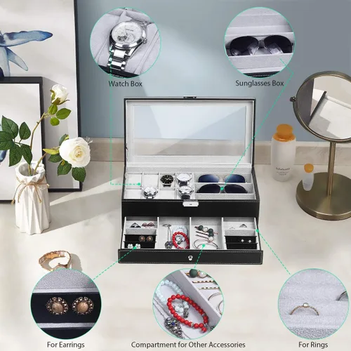 Vista 4 de TomCare Caja de reloj mejorada para reloj organizador de joyas caja de exhibición de joyas cajón de gafas de sol organizador de almacenamiento