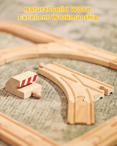 Vista 4 de SainSmart Jr. Pista de tren de madera, 52 piezas, expansión de pista compatible con todas las principales marcas de tren de juguete para niños