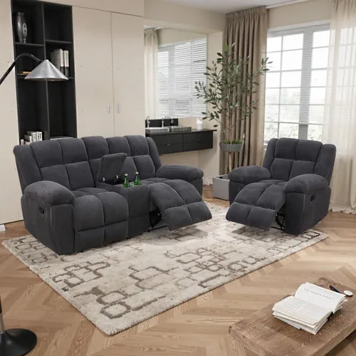 Vista 17 de Juego de sofá reclinable para muebles de sala de estar, juego de sofá y silla reclinable de pana verde, tela manual, sofá reclinable de 3 plazas