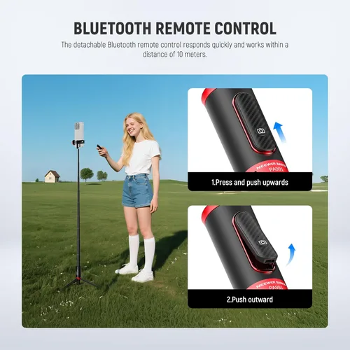 Vista 4 de NEEWER Basics PA991 Trípode selfie stick compatible con iPhone Samsung Android, trípode portátil de metal de 147 cm, ligero para viajes, soporte