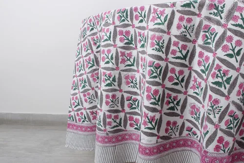 Vista 189 de Ridhi Mantel redondo estampado a mano color rosa flamenco 110 pulgadas 100%