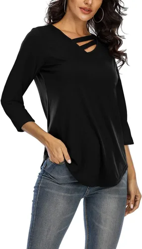 Vista 6 de Davenil Blusas de manga 34 para mujer, cuello en V, dobladillo irregular, blusas sueltas casuales
