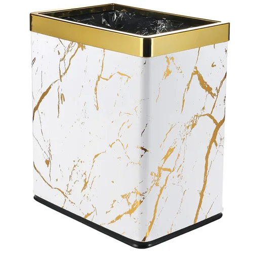 Vista 7 de Basurero pequeño de oficina para dormitorio, papelera rectangular delgada para baño, cocina, 2.6 galones (mármol negro dorado)
