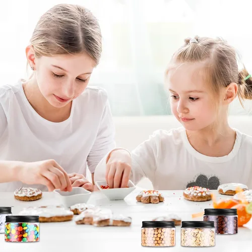 Vista 7 de Dandat 80 tarros de plástico transparente de 4 onzas con tapas de rosca, contenedores de almacenamiento recargables para uso en cocina y hogar Negro