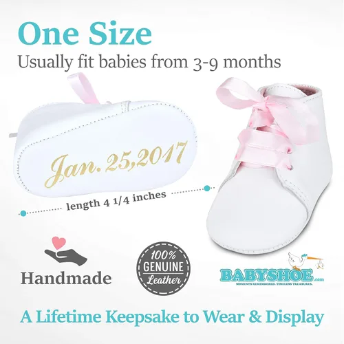 Vista 6 de BabyShoe - Zapatos de bautizo personalizados para niña Bautismo revelación de género suave recién nacido con cordones rosa recién nacido con nombre