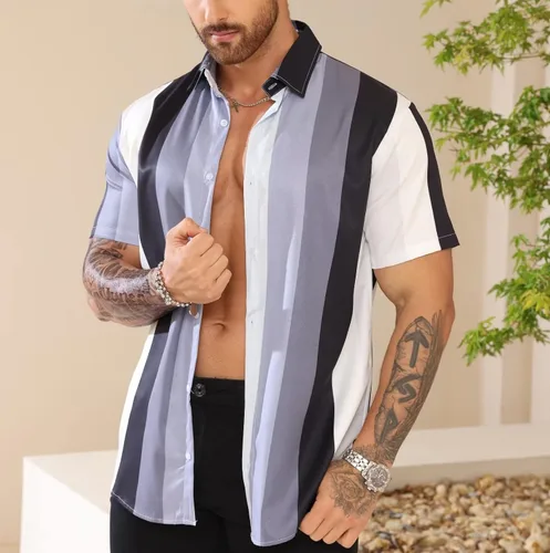 Vista 3 de Uni Clau Camisas de vestir de manga corta para hombre, camisas de moda con botones y estampado a rayas