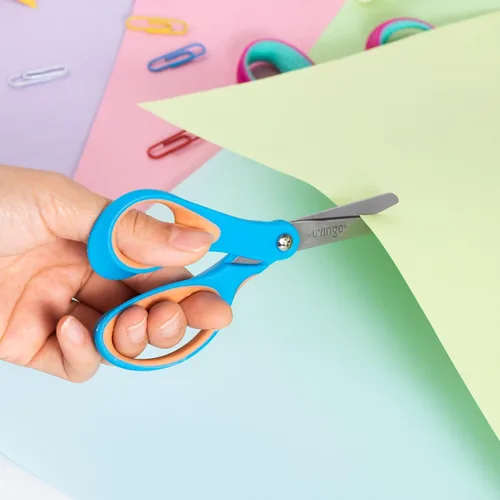 Vista 5 de LIVINGO Tijeras para zurdos para niños: Tijeras de punta redonda de seguridad para niños pequeños, para manualidades escolares, corte de papel