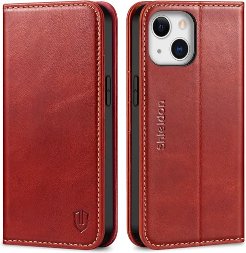 Vista 15 de SHIELDON Funda para iPhone 13, de piel auténtica, con función atril, bloqueo RFID, tarjetero de crédito, a prueba de golpes, protección completa