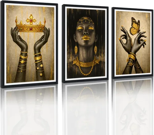Vista 22 de MAMAGO Lienzo decorativo para pared, pintura de belleza dorada y negra, fotos de mujeres africanas, hermosos pósteres de mujer negra, impresiones