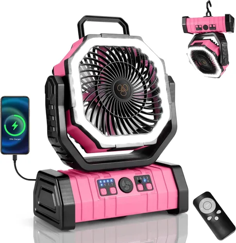 Vista 10 de Odoland Ventilador de camping de 30000 mAh con linterna LED, recargable, funciona con batería, oscilante con control remoto y gancho, ventilador