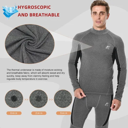 Vista 2 de Men's Fleece Lined Long Johns Base Layer Set Top Bottom for Ski Running Cold Weather