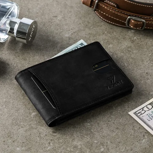 Vista 2 de YBONNE Cartera plegable compacta funcional con bloqueo RFID para hombres, hecha de cuero auténtico más fino