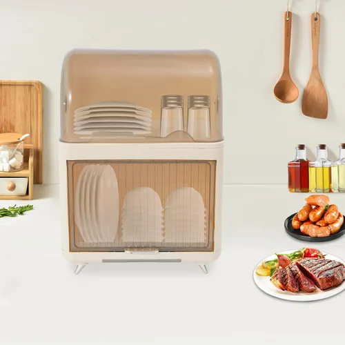 Vista 10 de Escurridor de platos de 2 niveles, escurridor de platos de cocina con cubierta de tapa, soporte pequeño de plástico para utensilios de cocina