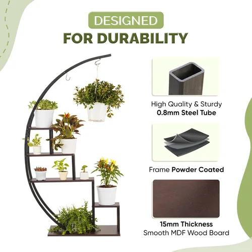 Vista 3 de IDZO - Estantería de metal en forma de media luna para plantas, estantes múltiples para interiores, marrón oscuro, ideal para la decoración