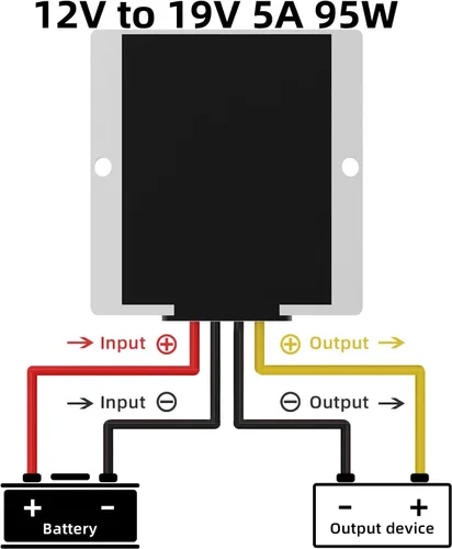 Vista 3 de Adaptador de corriente CC convertidor de impulso de 12 V a 19 V, 5 A, 95 W, adecuado para automóviles, camiones, barcos, tiras de luz LED.