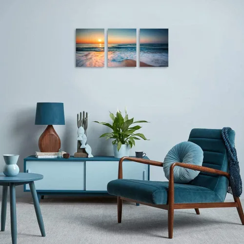 Vista 5 de TutuBeer 3 paneles de fotos de playa, arte de pared, diseño de mar azul, playa blanca al amanecer, imágenes impresas en lienzo, imágenes del océano