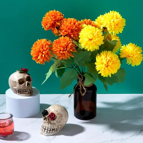 Vista 7 de Flores artificiales de caléndula, paquete de 4 ramos de flores de caléndula de seda de 12 pulgadas para decoración del día de los muertos
