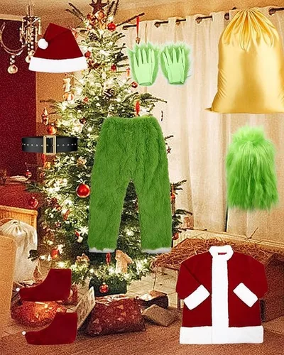 Vista 2 de Green Santa Costume Adult, 8PCS Furry Christmas Green Santa Costume Men Santa Claus Costume for Men