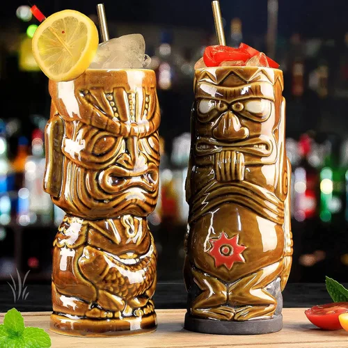 Vista 4 de SuproBarware Tiki - Juego de 8 tazas de cerámica hawaiana para fiestas, tazas de bar Tiki para cócteles, tazas tropicales prémium para fiestas