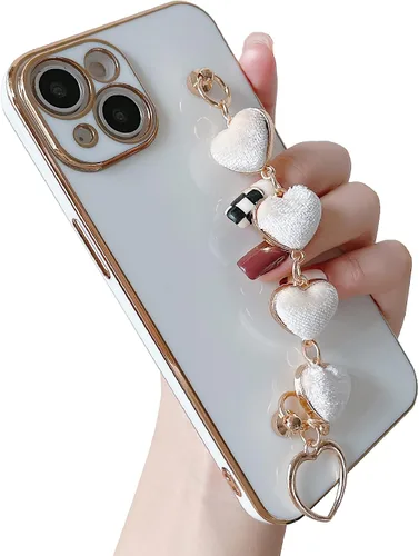 Vista 10 de Caseative Funda para iPhone 13 Pro Max, correa de muñeca con corazón chapado en amor, pulsera de cadena, funda suave para mujeres y niñas