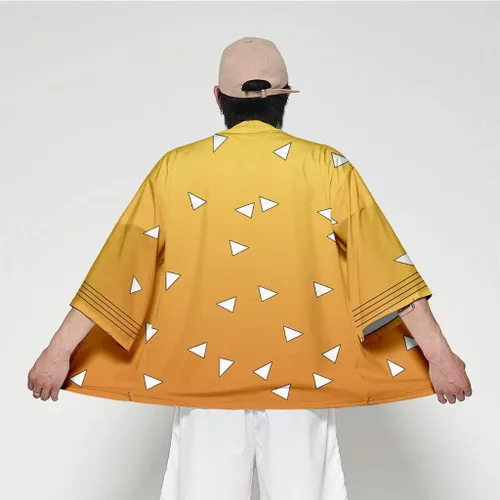 Vista 4 de Demon Slayer Kimetsu no Yaiba Cosplay traje vestido de fiesta para hombre Kimono capa Agatsuma Zenitsu XL amarillo