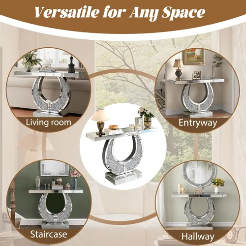 Vista 6 de Mesa consola plateada con espejo con diamante triturado, mesa rectangular moderna de 45.27 pulgadas con base en forma de O, mesas angostas
