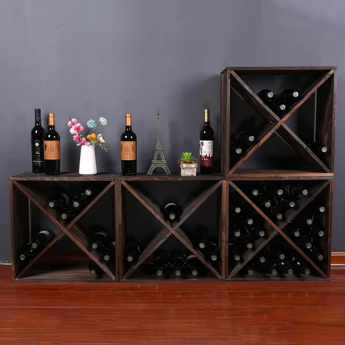 Vista 6 de Estantes de vino para encimera, madera maciza, apilables, cubo rústico retro, 48 botellas, estante de vino de madera (48 botellas, negro)