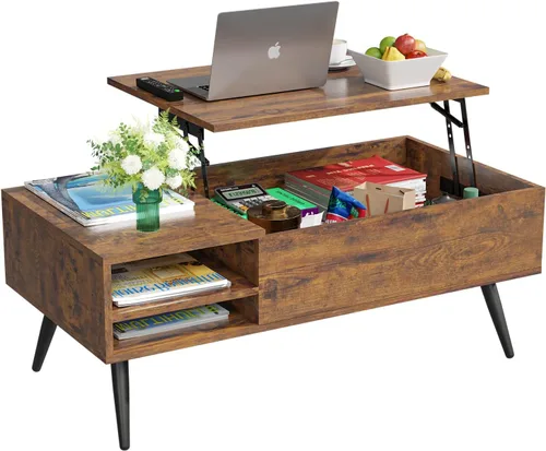 Vista 8 de PayLessHere Mesa auxiliar elevable de 39 pulgadas con almacenamiento ajustable y compartimento oculto, mesa de centro pequeña de madera