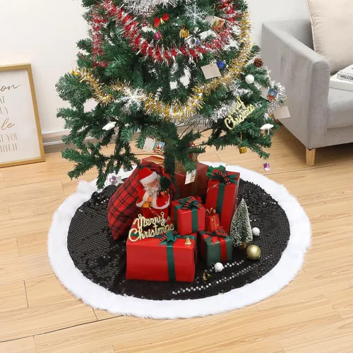 Vista 8 de Mr. Pen - Falda de árbol de Navidad de 48 pulgadas, lentejuelas negras brillantes con faldas de árbol de Navidad de piel sintética blanca Negro