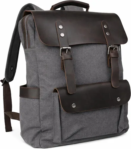 Vista 8 de Mochila de lona vintage con cuero de vaca de grano superior, bolsa de trabajo para portátiles de 16 pulgadas, Verde militar, Mochilas de viaje