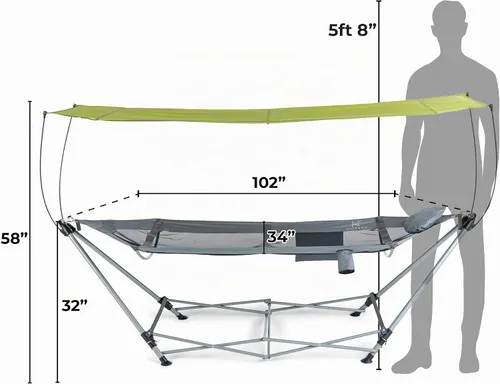 Vista 5 de Lucania Hamaca portátil con soporte y dosel, hamaca plegable independiente resistente para interiores, exteriores, campamento, patio y patio trasero