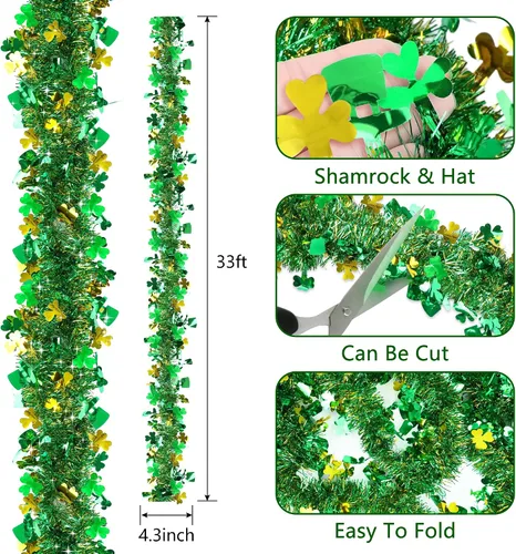 Vista 3 de Guirnalda decorativa de 33 pies para el día de San Patricio, guirnalda de oropel con sombrero de trébol verde dorado, guirnalda metálica brillante