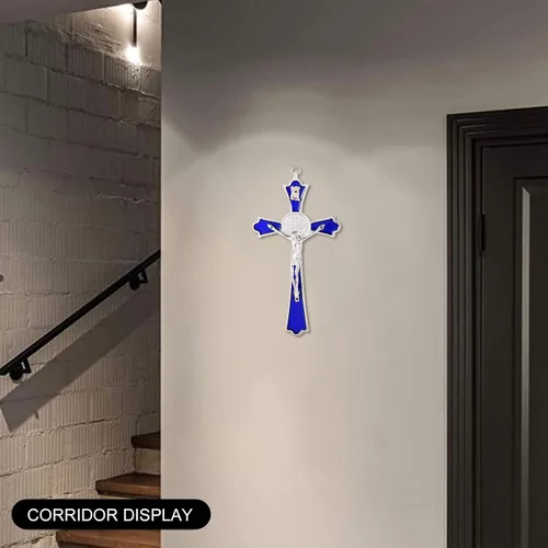 Vista 2 de VINETEN Crucifijo de pared esmaltado azul - Cruz de pared de metal de San Benito, cruz de arte para dar bendición y lo sagrado espiritual, regalo