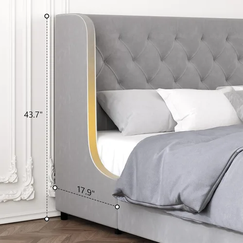 Vista 4 de HOMBCK - Marco de cama tamaño completo, base de cama tapizada en plataforma gris con cabecero, terciopelo acolchado, diseño de ala curvada, listones